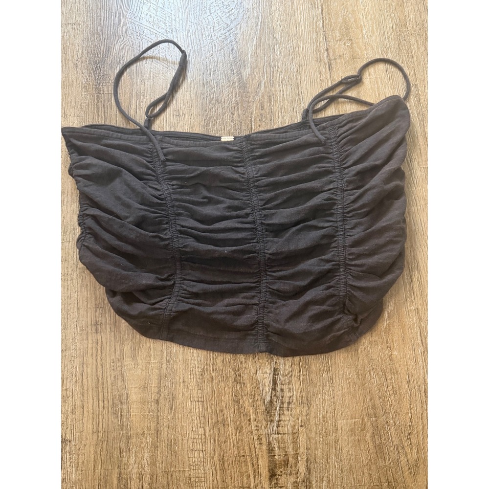 Free People Black‎ Ruched Crop Cami Top NWT Size L Cotton Spaghetti Strap